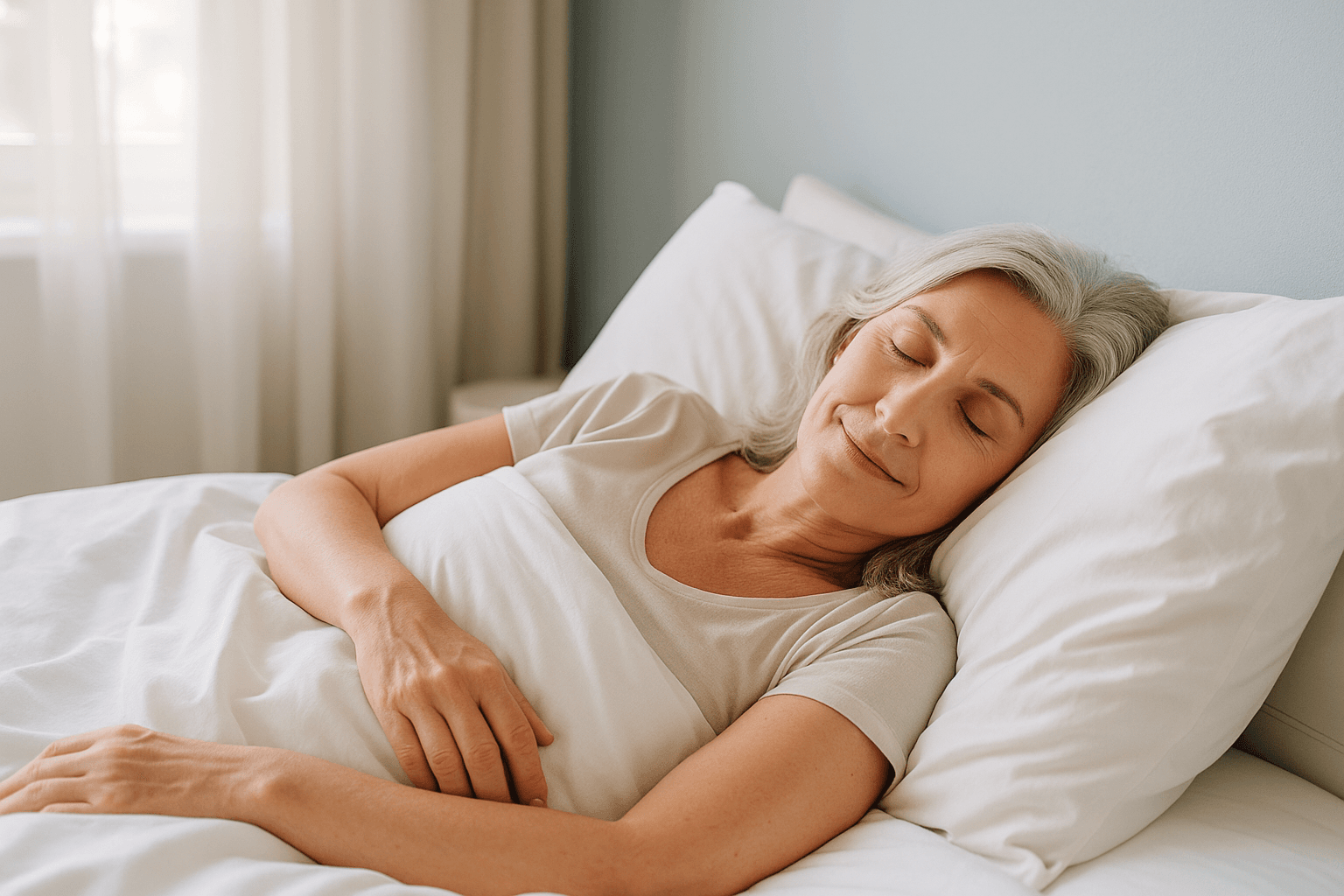 Mujer madura durmiendo plácidamente en una habitación luminosa, libre de sudores nocturnos